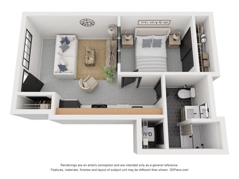 Floor plan for 1 bed, 1 bath, 477 sqft