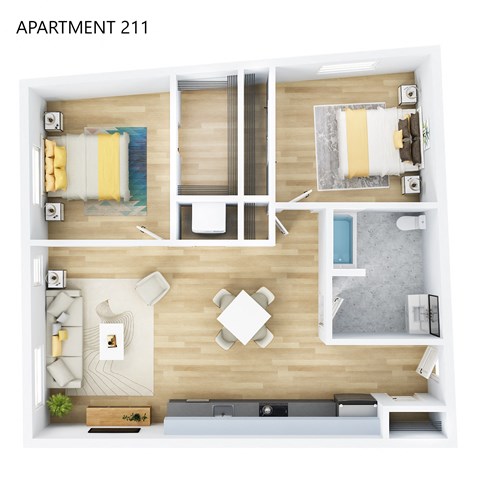 Floor plan for 2 beds, 1 bath, 986 sqft