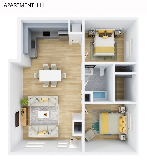 Floor plan for 2 beds, 1 bath, 1007 sqft