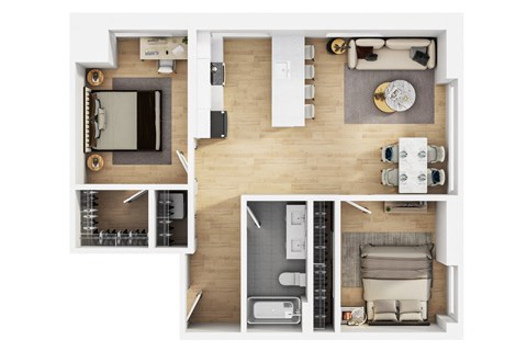 Floor plan for 2 beds, 1 bath, 839 sqft