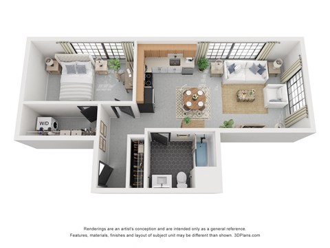 Floor plan for 1 bed, 1 bath, 724 sqft