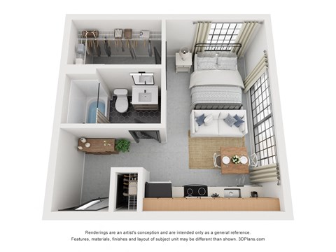 Floor plan for 1 bed, 1 bath, 384 sqft