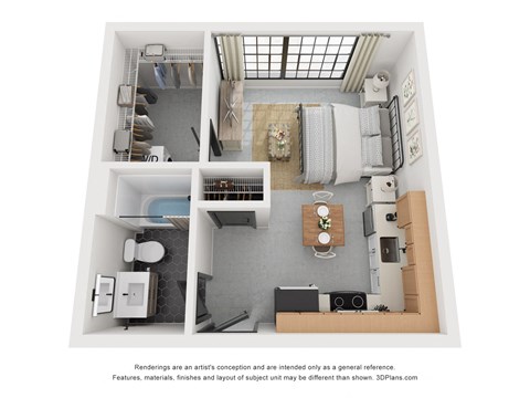Floor plan for 2 beds, 1 bath, 390 sqft