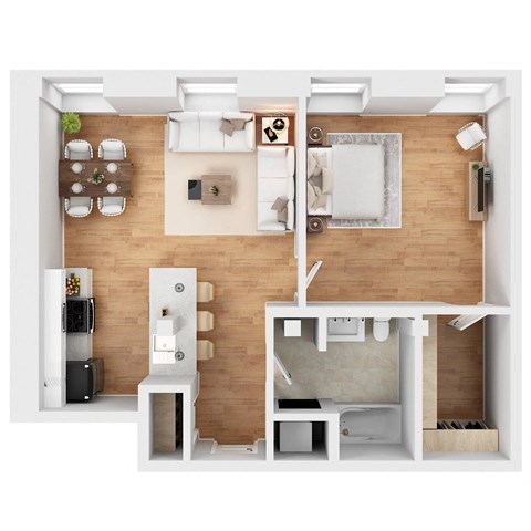 Floor plan for 1 bed, 1 bath, 755 sqft