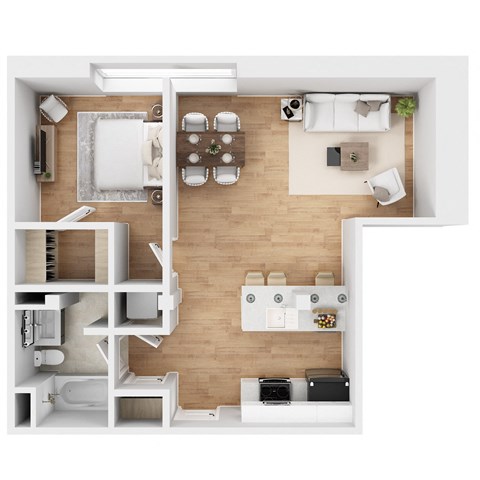 Floor plan for 1 bed, 1 bath, 635 sqft