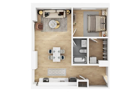 Floor plan for 1 bed, 1 bath, 685 sqft