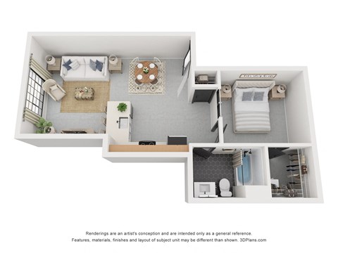 Floor plan for 1 bed, 1 bath, 664 sqft