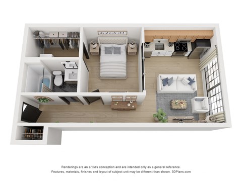 Floor plan for 1 bed, 1 bath, 741 sqft