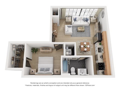 Floor plan for 1 bed, 1 bath, 590 sqft