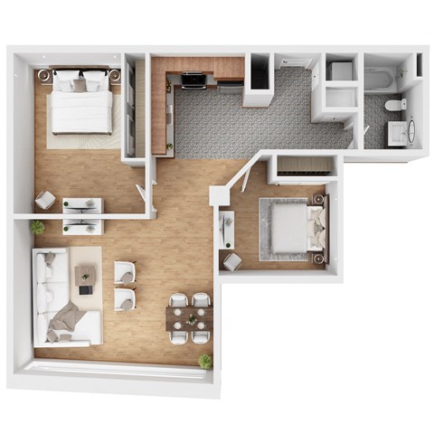 Floor plan for 2 beds, 1 bath, 935 sqft