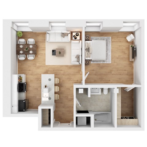Floor plan for 1 bed, 1 bath, 755 sqft