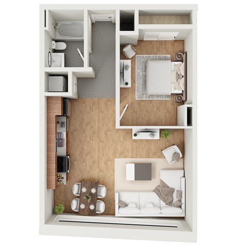Floor plan for 1 bed, 1 bath, 523 sqft