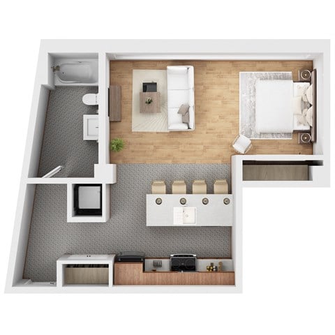 Floor plan for studio, 1 bath, 624 sqft