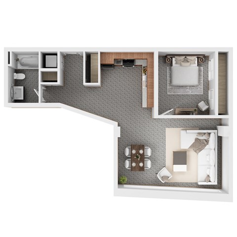 Floor plan for 1 bed, 1 bath, 651 sqft