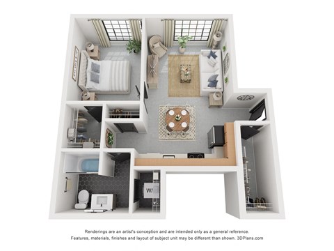 Floor plan for 1 bed, 1 bath, 588 sqft