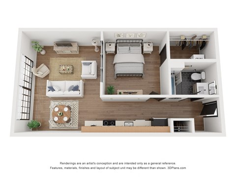 Floor plan for 1 bed, 1 bath, 630 sqft