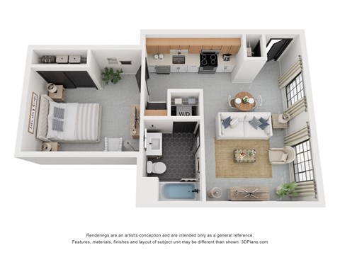 Floor plan for 1 bed, 1 bath, 634 sqft