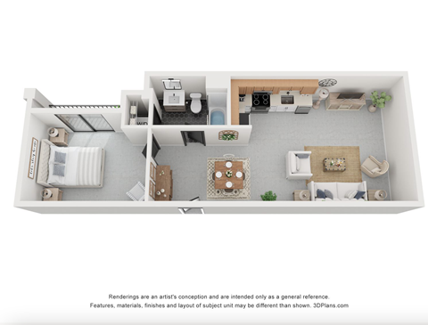 Floor plan for 1 bed, 1 bath, 760 sqft