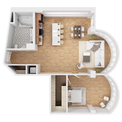 Floor plan for 1 bed, 1 bath, 958 sqft