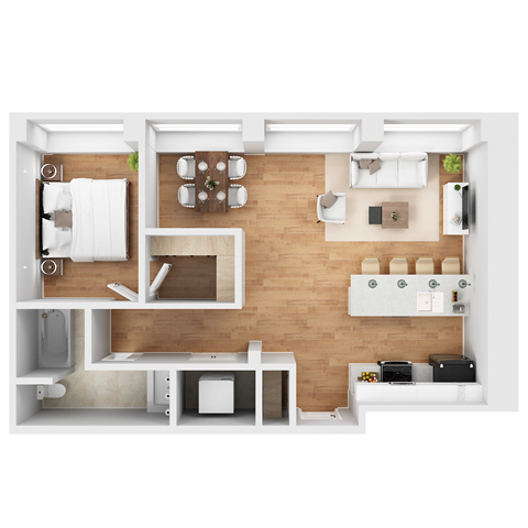 Floor plan for 1 bed, 1 bath, 750 sqft