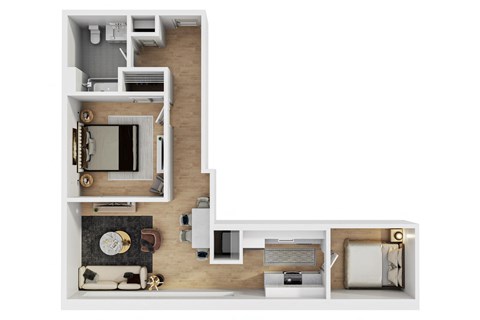 Floor plan for 1 bed, 1 bath, 755 sqft