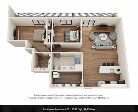 Floor plan for 2 beds, 1 bath, 1200 sqft