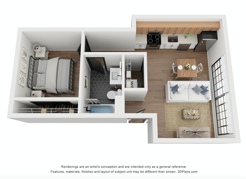 Floor plan for 1 bed, 1 bath