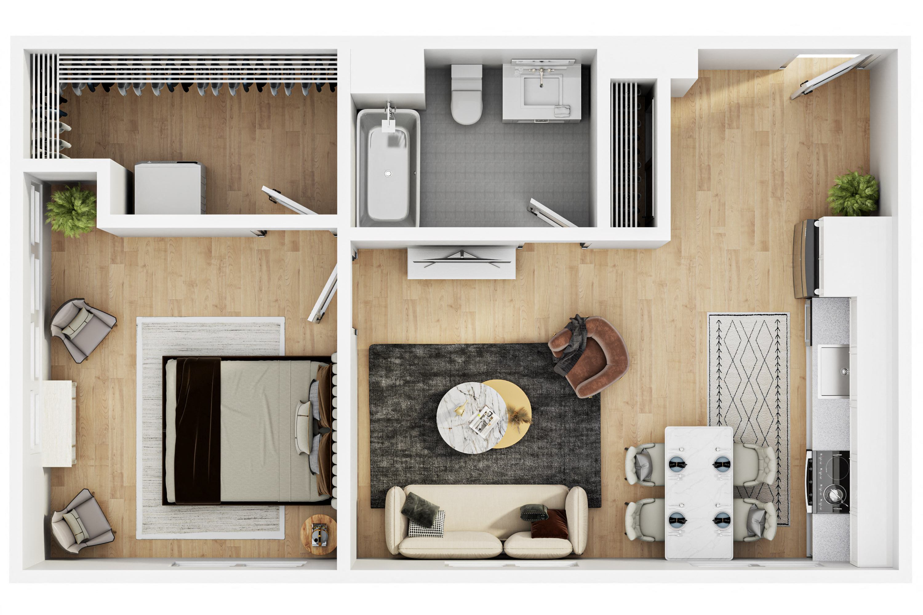 Floor plan for 1 bed, 1 bath, 660 sqft