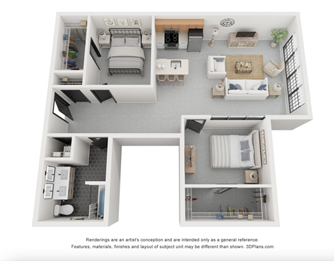 Floor plan for 2 beds, 1 bath