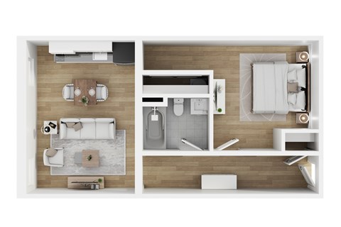 Floor plan for 1 bed, 1 bath, 631 sqft