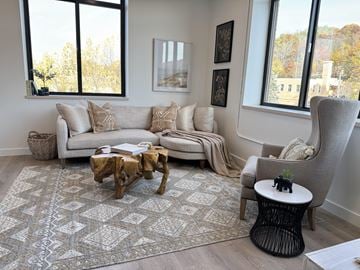 Troy apartment for rent - a living room with couches and chairs and a rug