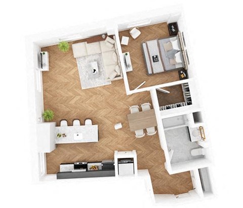 Floor plan for 1 bed, 1 bath, 776 sqft