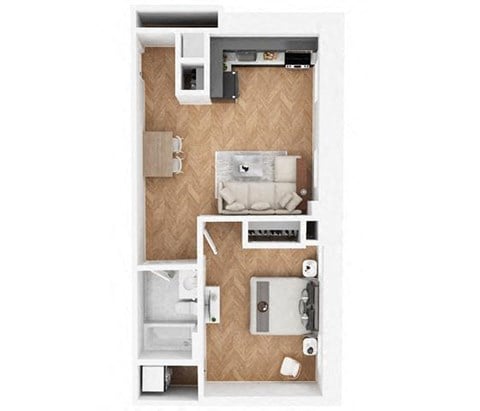 Floor plan for 1 bed, 1 bath, 564 sqft