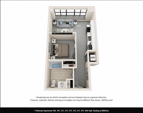 Floor plan for 1 bed, 1 bath, 552 sqft