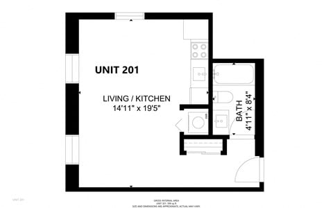 Floor plan for studio, 1 bath, 399 sqft