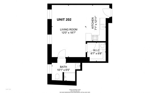 Floor plan for studio, 1 bath, 389 sqft