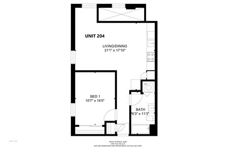 Floor plan for 1 bed, 766 sqft