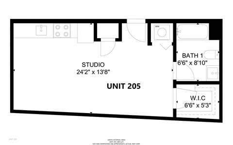 Floor plan for studio, 1 bath, 498 sqft