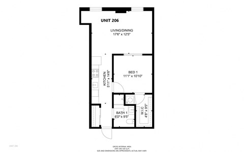Floor plan for 1 bed, 1 bath, 630 sqft
