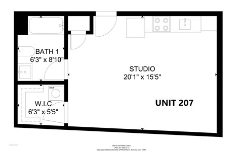 Floor plan for studio, 1 bath, 486 sqft
