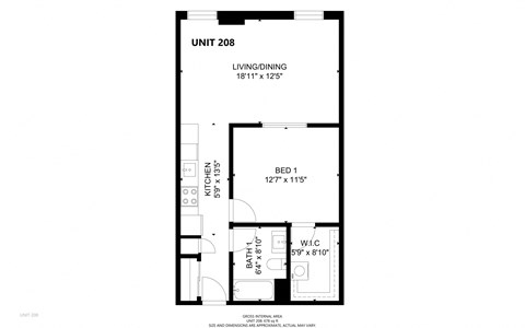 Floor plan for 1 bed, 1 bath, 678 sqft