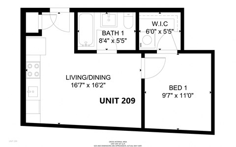 Floor plan for 1 bed, 1 bath, 547 sqft