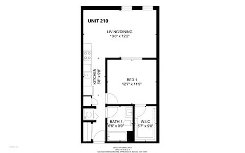 Floor plan for 1 bed, 1 bath, 678 sqft