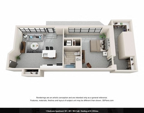Floor plan for 1 bed, 1 bath, 904 sqft