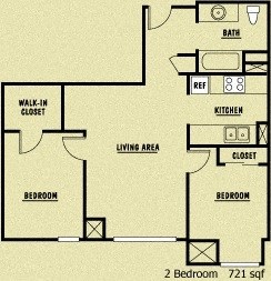 Floor plan for 2 beds, 1 bath, 721 sqft