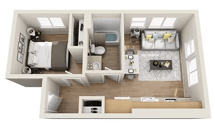 Floor plan for 1 bed, 1 bath, 626 sqft