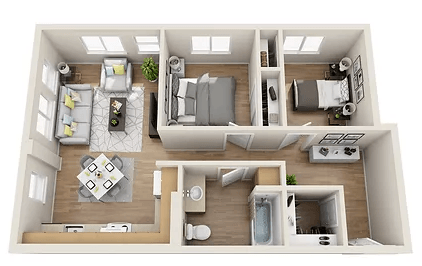Floor plan for 2 beds, 1 bath, 832 sqft