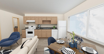 Seattle apartment for rent - a living room and kitchen with a table and chairs