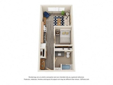 Floor plan for 1 bed, 1 bath, 457 sqft
