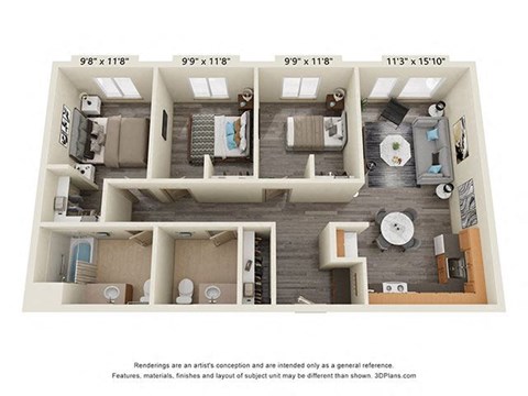 Floor plan for 3 beds, 1.5 baths, 1009 sqft